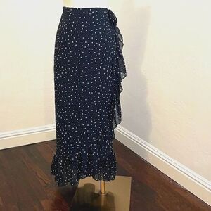 Navy Blue Wrap Midi Skirt with Polkadots, Ruffle Hem, Romantic, Women's Med